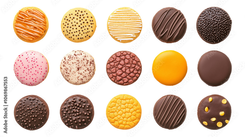 Top view Collection of round cookies on transparent background. Many assorted different flavour. Mockup template for artwork design. Top view Collection of round cookies on transparent background. Many assorted different flavour. Mockup template for artwork design.
