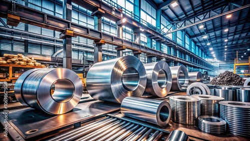 High-Quality Rolled Metal Products Displayed in a Modern Industrial Setting with Emphasis on Texture and Detail, Perfect for Manufacturing and Metalworking Industries Photography