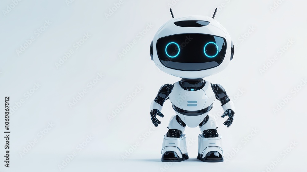 White and Black Robot with Blue Eyes Standing on a White Background White and Black Robot with Blue Eyes Standing on a White Background