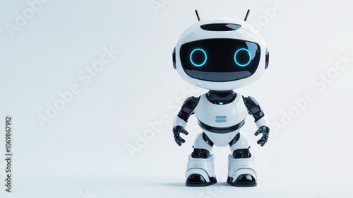 White and Black Robot with Blue Eyes Standing on a White Background