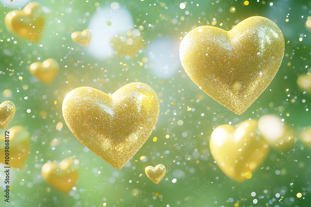 Fototapeta premium Golden hearts sparkle against a soft green background, creating a magical and uplifting atmosphere during a sunny day