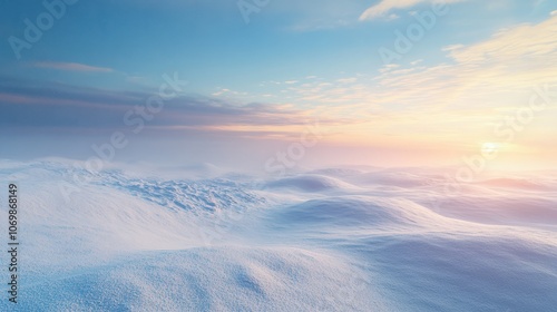 Winter snow background with snowdrifts, with beautiful light and snow flakes on the blue sky in the evening, banner format, copy space.