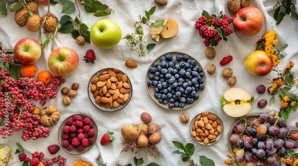 A Flat Lay of Fresh Fruit, Nuts, and Berries on a White Background A Flat Lay of Fresh Fruit, Nuts, and Berries on a White Background