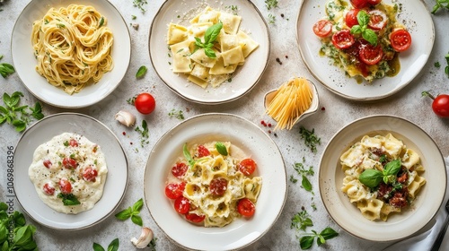 Wallpaper Mural Assortment of Italian Pasta Dishes with Tomatoes and Basil Torontodigital.ca