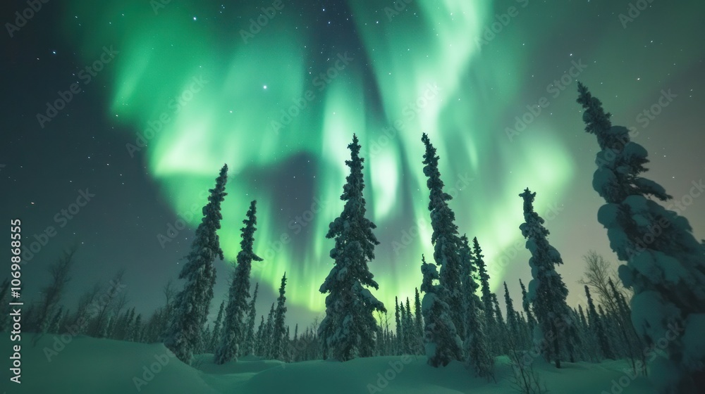 Naklejka premium Aurora borealis. Winter forest with northern lights. Stars and polar lights in the sky. A nighttime winter scene featuring a pine forest and aurora. The idea of travel 