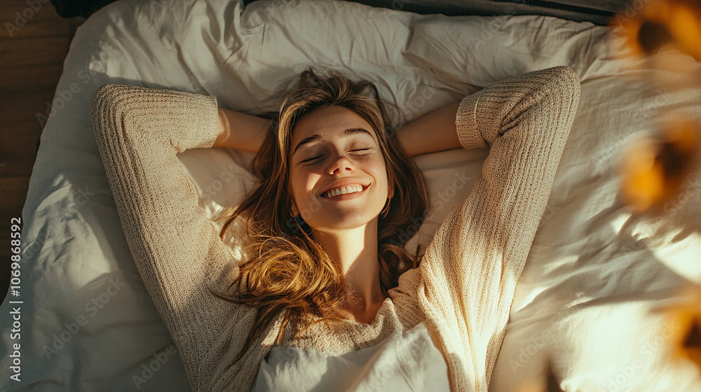 ベッドでリラックスする笑顔の女性 ベッドでリラックスする笑顔の女性