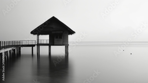 Minimalist Overwater Bungalow on Stilts Tropical Beach Calm Ocean Black and White Photo