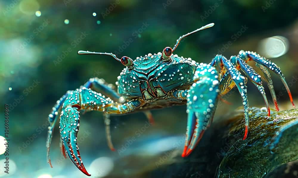 Vibrant Crab in Natural Habitat with Droplets and Bokeh Effect Vibrant Crab in Natural Habitat with Droplets and Bokeh Effect
