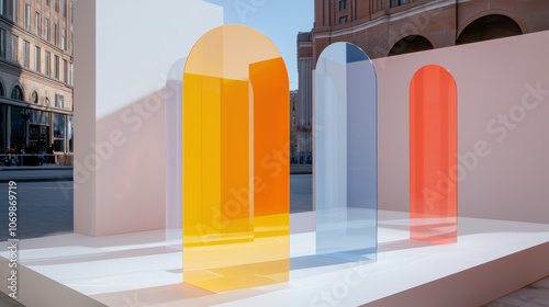 Colorful art installation with translucent arches in urban setting, promoting mental health awareness. vibrant colors and modern design create uplifting atmosphere photo