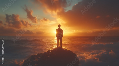 Generative AI Image of Back View Silhouette of Man Standing in Cliff Edge on the Beach at Sunset