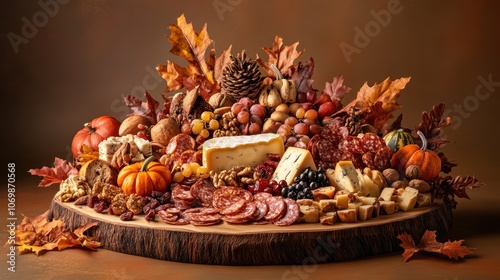 A beautifully arranged autumn charcuterie board featuring fall-inspired cheeses, cured meats, dried fruits, and nuts, styled with seasonal decorations like mini pumpkins, autumn leaves,