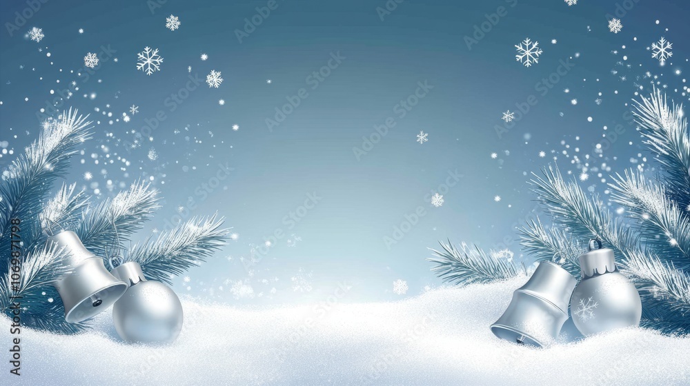 Serene Winter Wonderland - Minimal Christmas Scene with Frosty Blue Background, Snowflakes, Silver Bells, and Pine Branches with Sparkles Serene Winter Wonderland - Minimal Christmas Scene with Frosty Blue Background, Snowflakes, Silver Bells, and Pine Branches with Sparkles