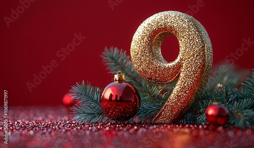 A vibrant gold number '9' decorated with a red ornament and evergreen, perfect for Christmas designs, invitations, and festive celebrations like the 12 Days of Christmas.