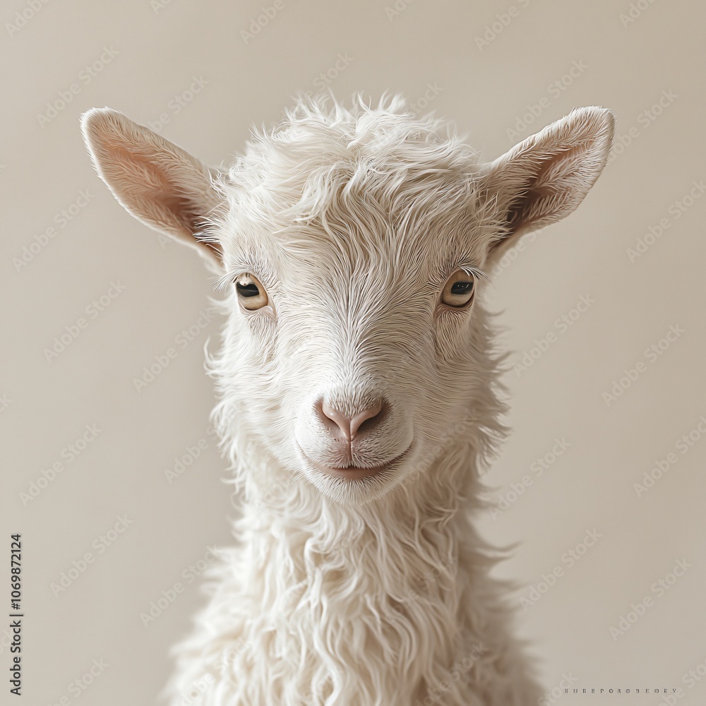 Fototapeta premium A photorealistic close-up of a curious goat against a white backdrop, ideal for winter-themed designs, animal education materials, or holiday greeting cards.