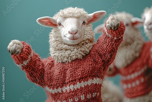 A whimsical and festive image of a sheep in a red Christmas sweater dancing against a turquoise backdrop, perfect for holiday promotions or cheerful winter greetings. photo