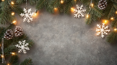 Elegant Minimalistic Christmas Season - Gray Background with Snowflakes, Bokeh Lights, and Pine Branches photo