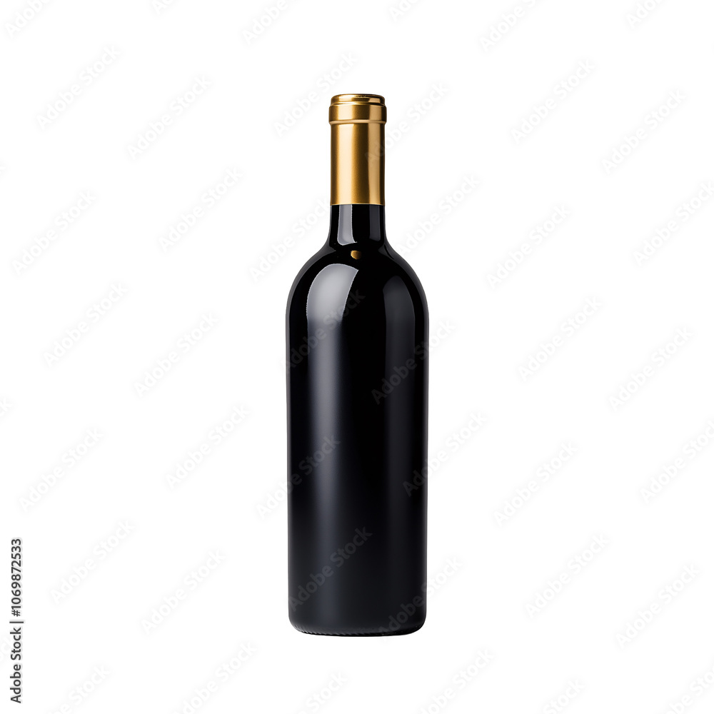 A sleek bottle of red wine featuring a sophisticated gold foil label isolated on a transparent background A sleek bottle of red wine featuring a sophisticated gold foil label isolated on a transparent background