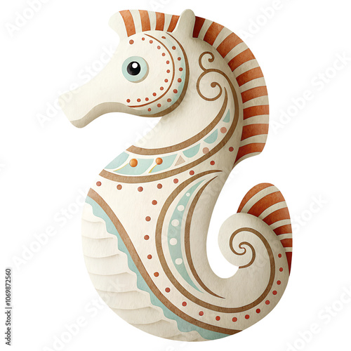 Cute ceramic sea ​​horse, figurine with intricate patterns, isolated on a transparent background photo