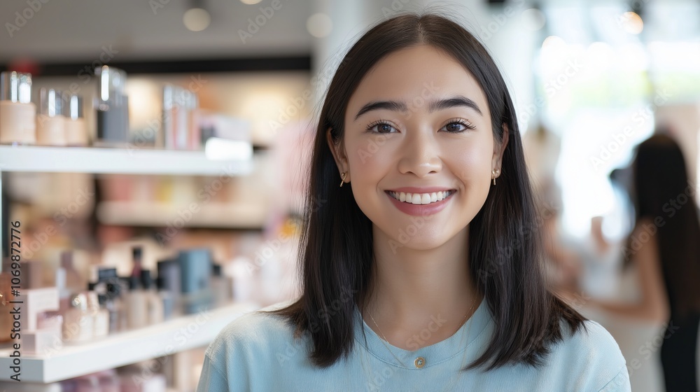 Smiling young woman in a cosmetics store Smiling young woman in a cosmetics store