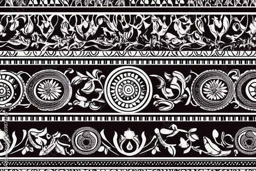 Black and White Ornamental Border with Floral Motifs and Circular Elements