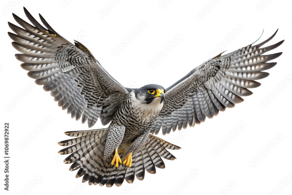 Obraz premium Front view, Peregrine Falcon is spreading its wings and flying isolated on a transparent background