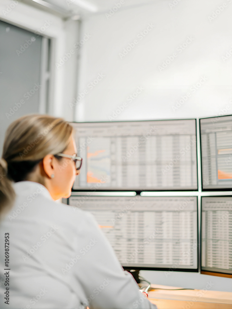 Businesswoman analyzing financial data on multiple screens Businesswoman analyzing financial data on multiple screens