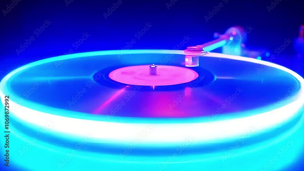 Glowing Neon-style Vinyl Record Rotates Against a Dark Background