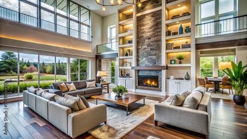 Luxurious Living Room Interior with Floor to Ceiling Fireplace, Built-in Shelving, and Open Concept Design Showcasing an Elegant Foyer in a New Home