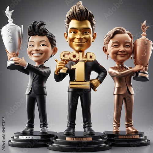 Three 3D figures on a podium holding gold, silver, and bronze trophies, each standing in a different position.