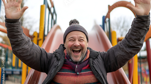 An adult sliding down a playground slide, laughing all the way down. Concept of rediscovering playground fun and unfiltered joy. photo