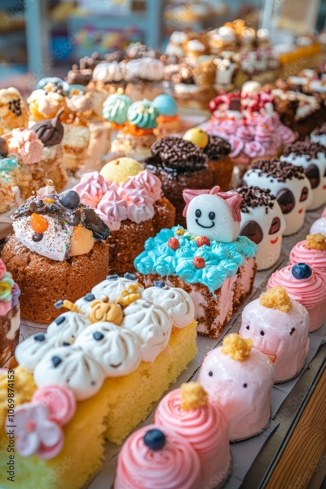 A variety of bento cakes are beautifully arranged in a bakery, featuring whimsical designs, vibrant colors, and various sweet toppings for all occasions A variety of bento cakes are beautifully arranged in a bakery, featuring whimsical designs, vibrant colors, and various sweet toppings for all occasions