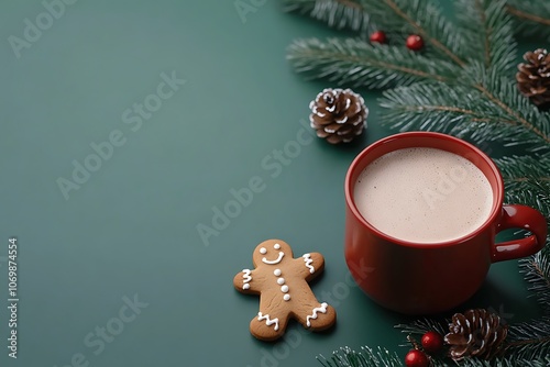 Festive Christmas flat lay with hot cocoa, gingerbread man, and fir branches on a green background. This top-down image captures the cozy essence of Christmas with a red mug of hot cocoa photo