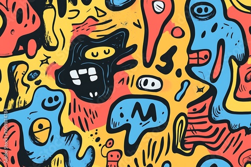 Abstract Colorful Doodle Art with Cartoon-like Creatures