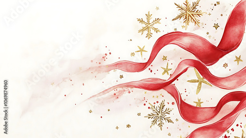 Festive watercolor background with red ribbons and gold accents