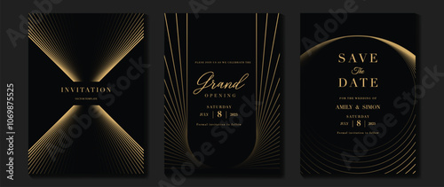Luxury invitation card background vector. Golden elegant wavy gold line pattern on black background. Premium design illustration for wedding, vip cover template, grand opening, flyer, gala.
