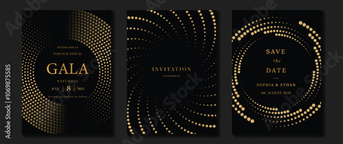 Luxury invitation card background vector. Golden elegant gold dot halftone pattern on black background. Premium design illustration for wedding, vip cover template, grand opening, flyer, gala.