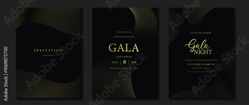 Luxury invitation card background vector. Golden elegant wavy gold line pattern on black background. Premium design illustration for wedding, vip cover template, grand opening, flyer, gala.