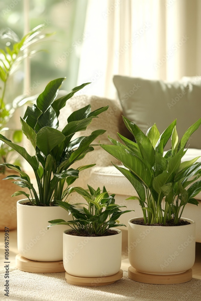 Three stylish potted plants thrive in a bright living room, enhancing the space's biophilic design while bathed in natural sunlight and comfortable decor