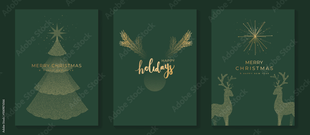 Luxury christmas invitation card art deco design vector. Christmas tree, bauble, reindeer, pine leaves, spot texture on green background. Design illustration for season's greeting poster, cover. Luxury christmas invitation card art deco design vector. Christmas tree, bauble, reindeer, pine leaves, spot texture on green background. Design illustration for season's greeting poster, cover.