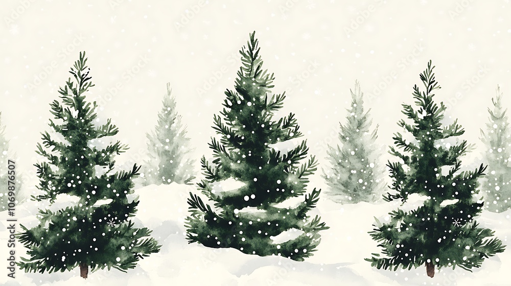 Winter seamless pattern Christmas trees snowy branches natural greens whites watercolor style subtle winter plants festive holiday design Winter seamless pattern Christmas trees snowy branches natural greens whites watercolor style subtle winter plants festive holiday design