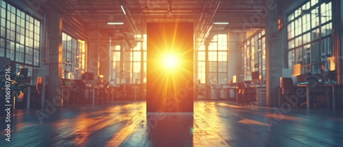 Light streams through large windows in an empty office as a small business loan application sits on a desk, symbolizing opportunity and growth