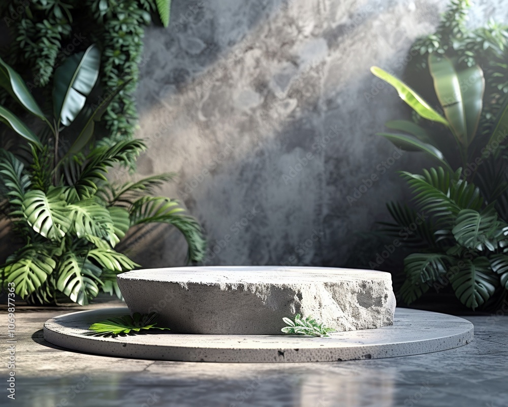 White stone podium with green tropical leaves on textured gray concrete wall background. Mockup design for natural organic cosmetic products, beauty product advertisement. White stone podium with green tropical leaves on textured gray concrete wall background. Mockup design for natural organic cosmetic products, beauty product advertisement.