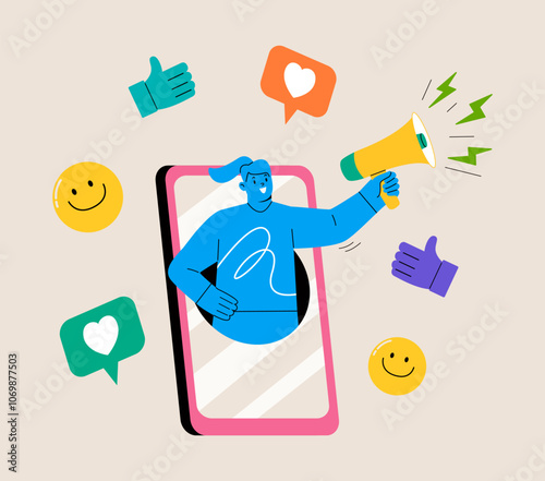 Social media. Woman holding megaphone. Colorful vector illustration