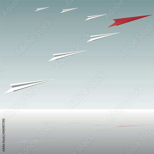 Paper planes flying in one direction. Red plane leader leads group. Going out of line, innovation, leadership, new ideas, creativity. Concept of teamwork and success