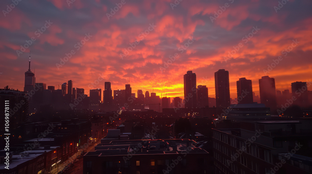 Naklejka premium Stunning sunset over city skyline with vibrant colors and silhouettes