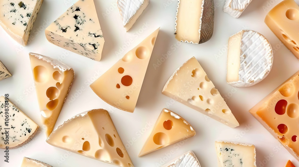 Assorted cheese collection top view on white surface.