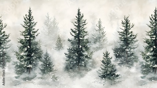 Winter forest seamless pattern watercolor Christmas trees greens whites snow branches subtle winter plants holiday background