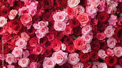 Vibrant Array of Red and Pink Roses Forming a Lush Floral Tapestry, Perfect for Capturing the Essence of Love, Passion, and Elegance in Wedding and Romantic Concepts, as well as Luxury Branding