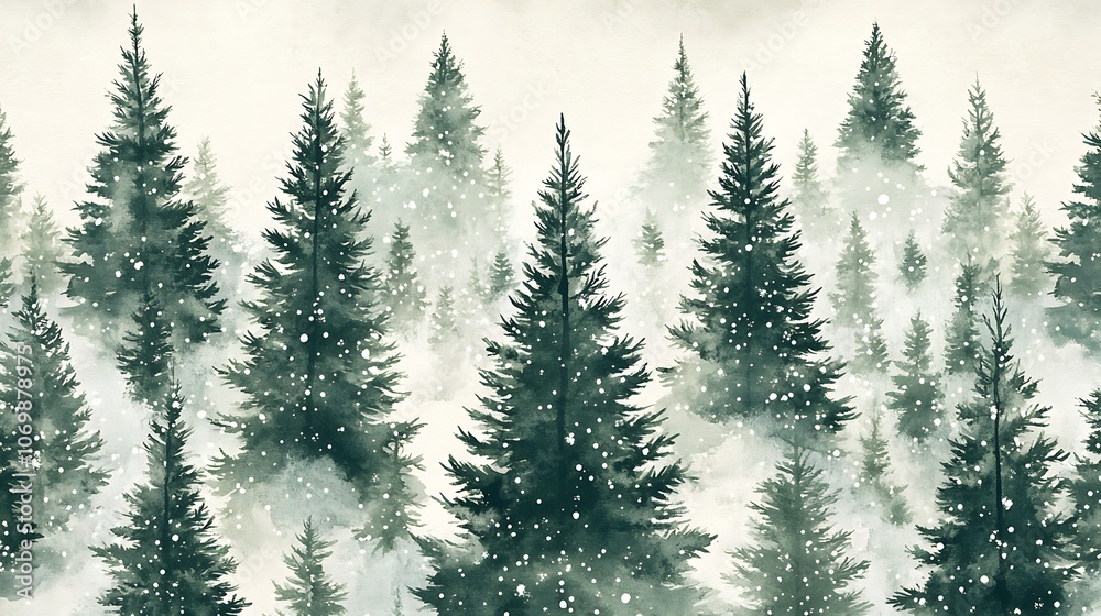 Obraz premium Winter forest seamless Christmas tree pattern watercolor greens whites frosty landscape holiday background