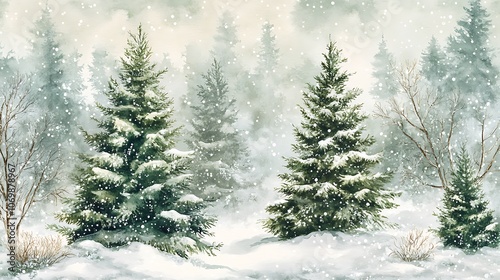 Winter forest seamless Christmas tree pattern watercolor greens whites frosty landscape holiday background